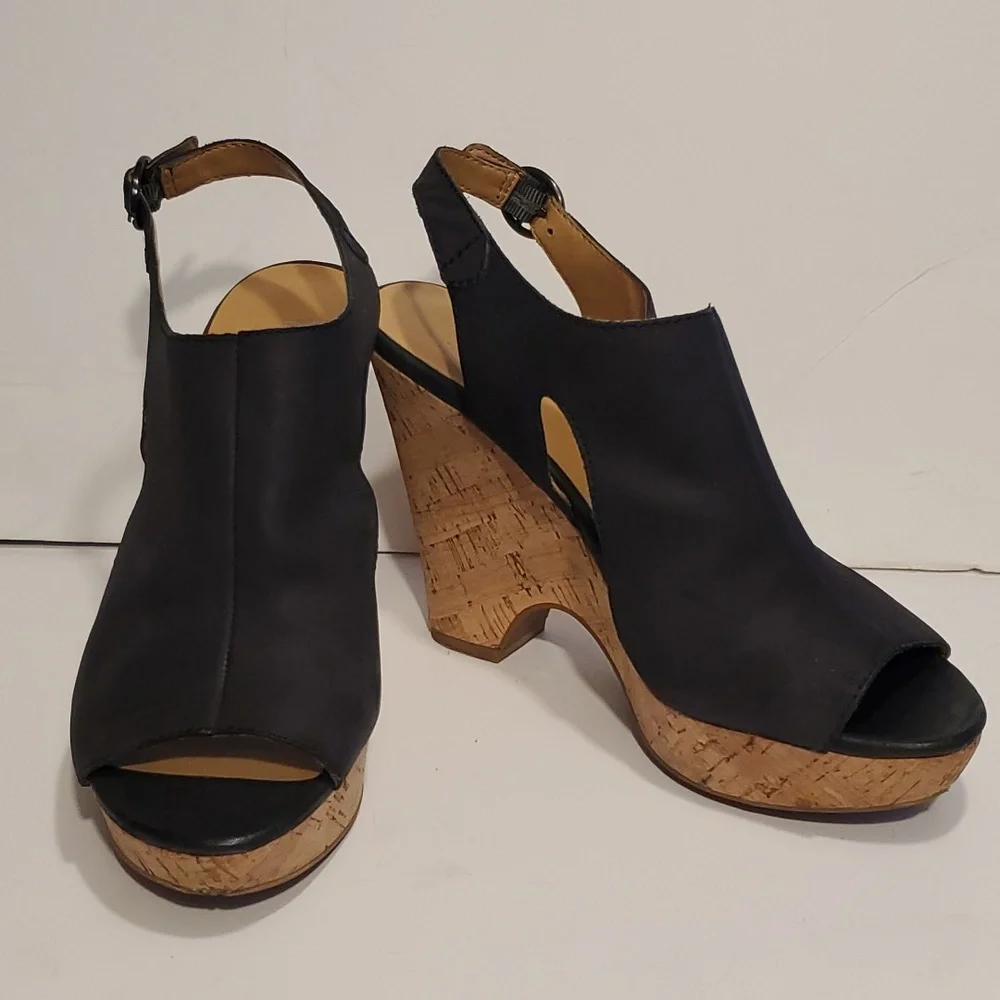 Franco Sarto Gabriel Black Leather Cork Wedge Sandals Size 8.5M